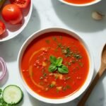 "Overhead view of Fresh Keto Gazpacho in white bowls garnished with vegetables and herbs on a marble countertop, surrounded by raw ingredients like Roma tomatoes, cucumbers, bell peppers, and onions under soft daylight."