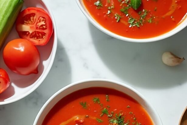 "Overhead view of Fresh Keto Gazpacho in white bowls garnished with vegetables and herbs on a marble countertop, surrounded by raw ingredients like Roma tomatoes, cucumbers, bell peppers, and onions under soft daylight."