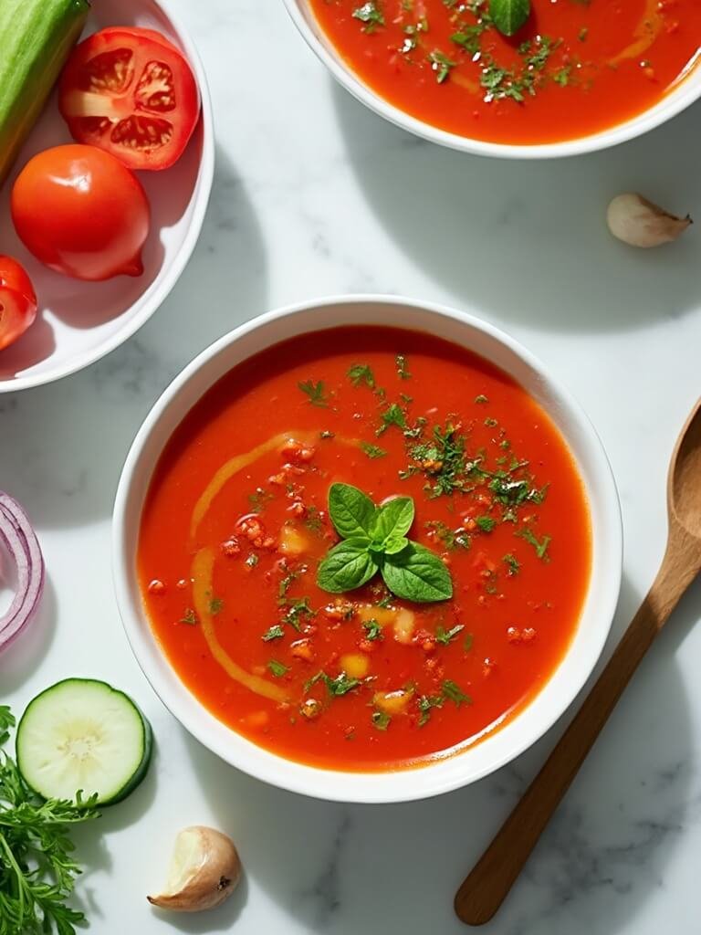 "Overhead view of Fresh Keto Gazpacho in white bowls garnished with vegetables and herbs on a marble countertop, surrounded by raw ingredients like Roma tomatoes, cucumbers, bell peppers, and onions under soft daylight."