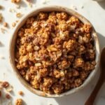"Freshly baked keto granola with mixed nuts, coconut, and seeds in a rustic bowl on a clean white marble background"