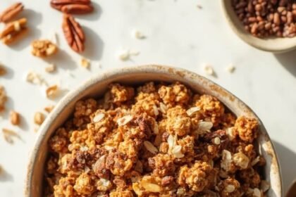 "Freshly baked keto granola with mixed nuts, coconut, and seeds in a rustic bowl on a clean white marble background"