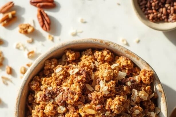 "Freshly baked keto granola with mixed nuts, coconut, and seeds in a rustic bowl on a clean white marble background"