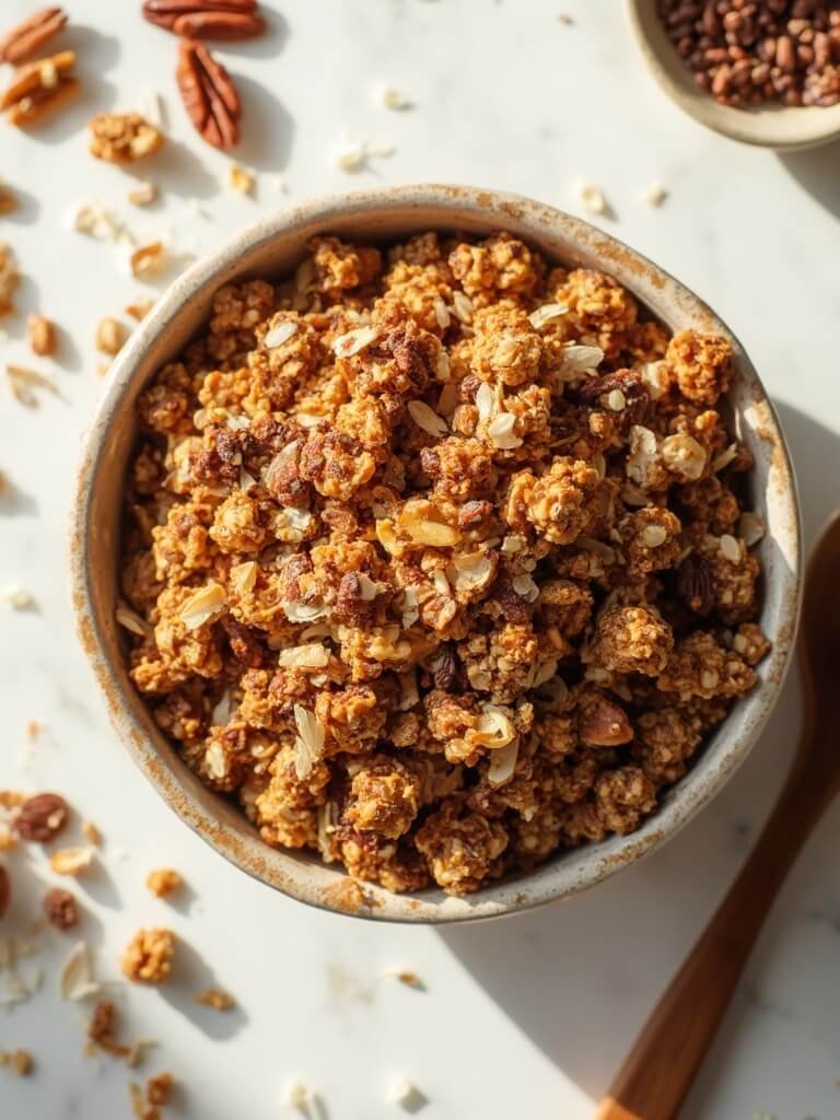 "Freshly baked keto granola with mixed nuts, coconut, and seeds in a rustic bowl on a clean white marble background"