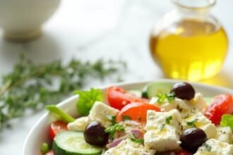 "Keto Greek salad with feta, cherry tomatoes, cucumber, red onion, green bell pepper and Kalamata olives in a white ceramic bowl on a clean marble background."