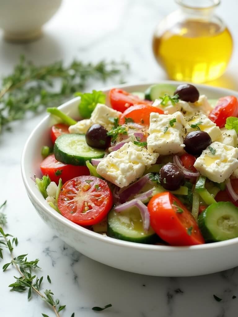 "Keto Greek salad with feta, cherry tomatoes, cucumber, red onion, green bell pepper and Kalamata olives in a white ceramic bowl on a clean marble background."