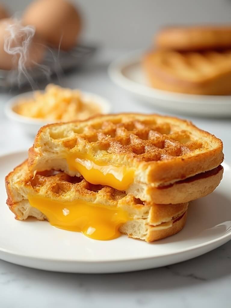 "Golden-brown keto grilled cheese sandwich with chaffle bread and melted cheddar on a white plate"