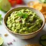 "Freshly made keto guacamole with avocado, lime, cilantro in a rustic ceramic bowl on a clean marble background, accompanied by pork rinds, cucumber rounds, and bell pepper strips."