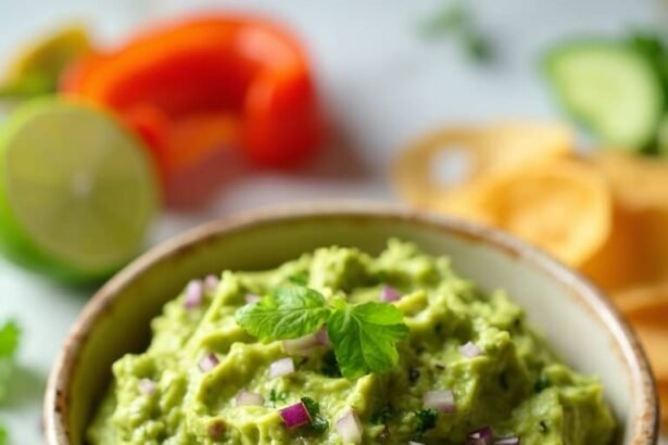 "Freshly made keto guacamole with avocado, lime, cilantro in a rustic ceramic bowl on a clean marble background, accompanied by pork rinds, cucumber rounds, and bell pepper strips."