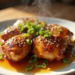 "Keto honey garlic chicken thighs with sesame seeds and green onions on a white ceramic plate"