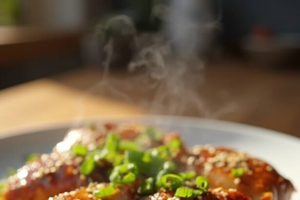 "Keto honey garlic chicken thighs with sesame seeds and green onions on a white ceramic plate"