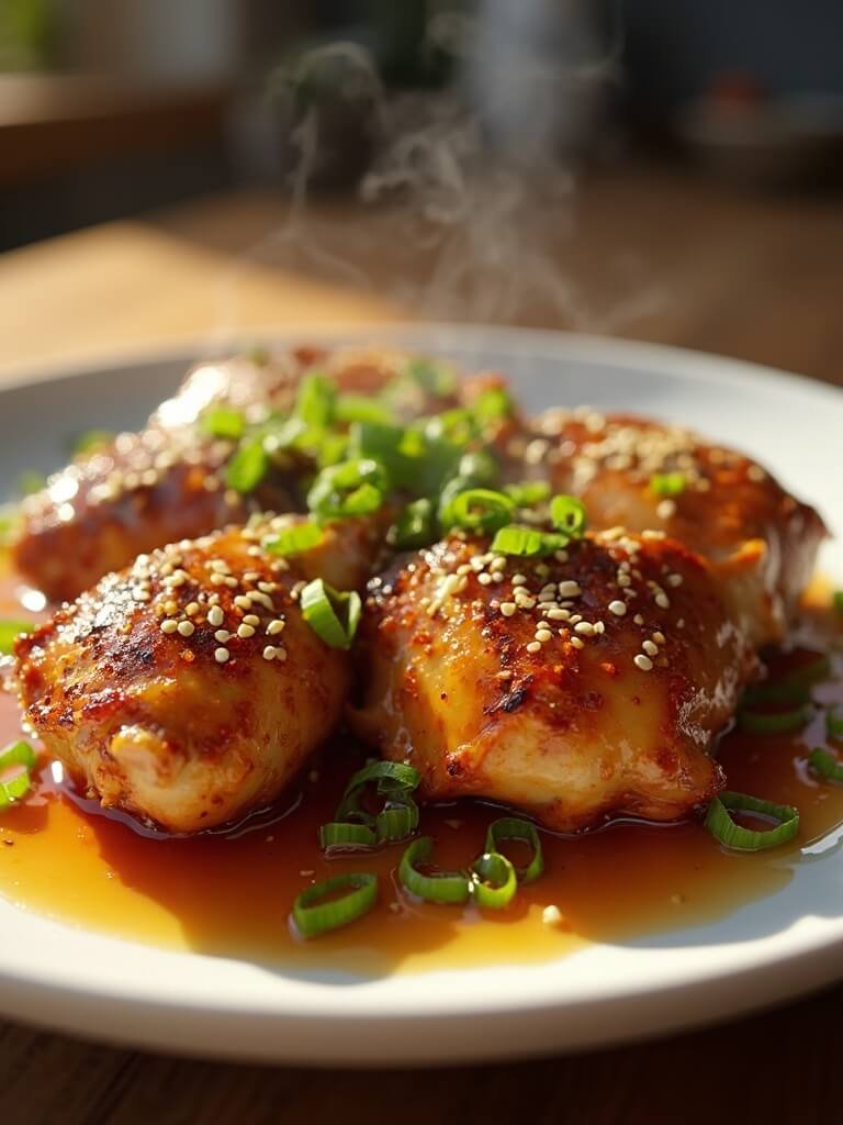"Keto honey garlic chicken thighs with sesame seeds and green onions on a white ceramic plate"