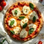 "Overhead shot of a keto Margherita pizza with almond flour crust, fresh mozzarella, and basil on a clean marble countertop"