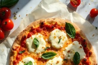 "Overhead shot of a keto Margherita pizza with almond flour crust, fresh mozzarella, and basil on a clean marble countertop"