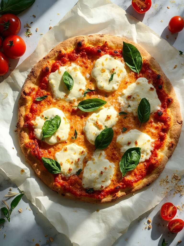 "Overhead shot of a keto Margherita pizza with almond flour crust, fresh mozzarella, and basil on a clean marble countertop"