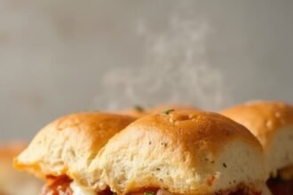 "Keto meatball sub with fathead buns, marinara, melted cheese, and fresh basil on a white plate"