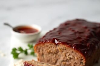 "Sliced keto meatloaf with sugar-free glaze and almond flour on a white marble cutting board, garnished with fresh parsley and whole almonds"
