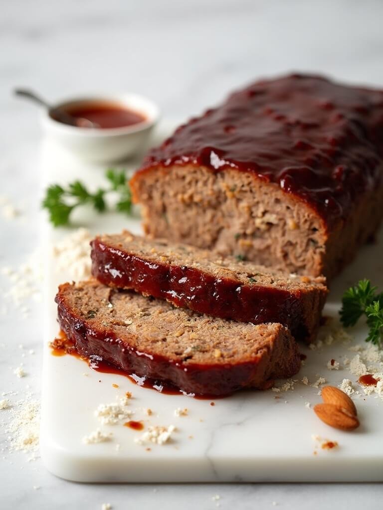 "Sliced keto meatloaf with sugar-free glaze and almond flour on a white marble cutting board, garnished with fresh parsley and whole almonds"