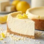 "Slice of keto New York cheesecake with almond flour crust and lemon zest garnish on a white marble surface"