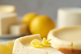 "Slice of keto New York cheesecake with almond flour crust and lemon zest garnish on a white marble surface"