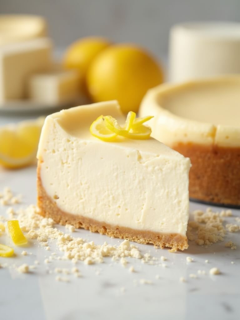 "Slice of keto New York cheesecake with almond flour crust and lemon zest garnish on a white marble surface"