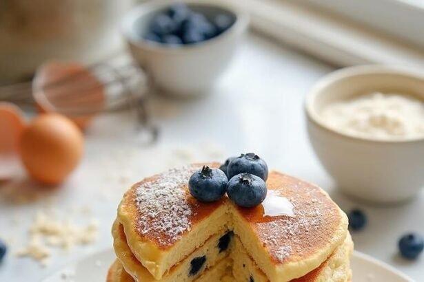 "Stack of fluffy keto pancakes made with almond and coconut flour, garnished with fresh blueberries and sugar-free syrup on a white ceramic plate, with baking ingredients in the background"