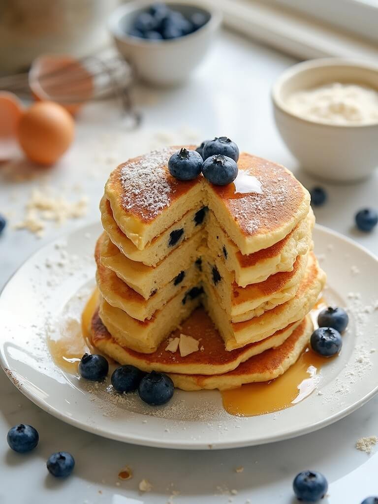 "Stack of fluffy keto pancakes made with almond and coconut flour, garnished with fresh blueberries and sugar-free syrup on a white ceramic plate, with baking ingredients in the background"