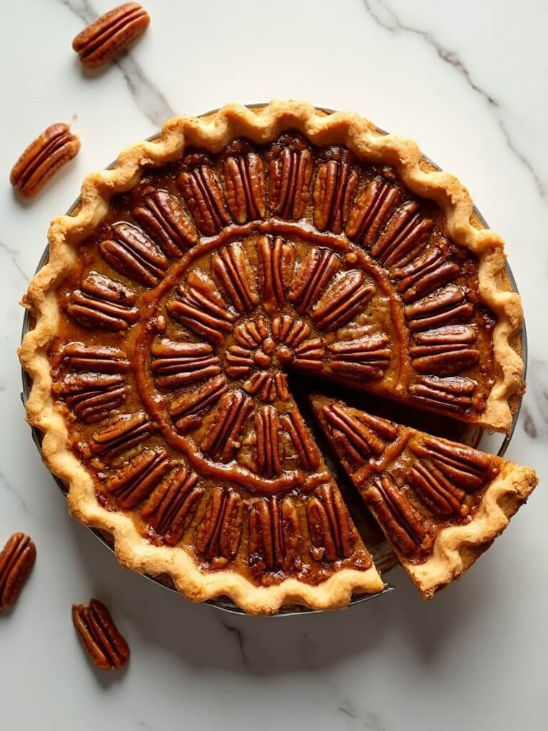 "Overhead shot of a keto pecan pie with golden caramel filling and toasted pecans on a white marble surface"