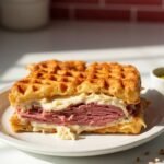 "Keto Reuben sandwich with crispy chaffle bread, corned beef, Swiss cheese, and sauerkraut on a white ceramic plate under natural daylight"