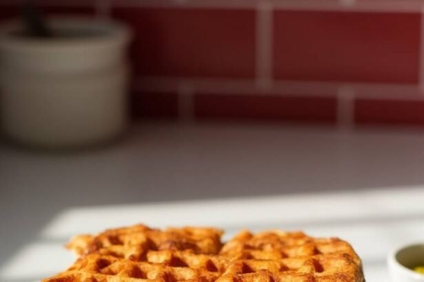 "Keto Reuben sandwich with crispy chaffle bread, corned beef, Swiss cheese, and sauerkraut on a white ceramic plate under natural daylight"