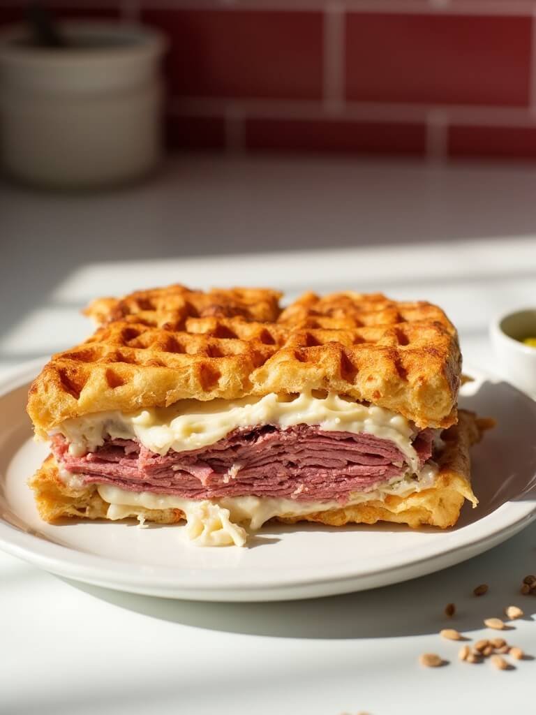 "Keto Reuben sandwich with crispy chaffle bread, corned beef, Swiss cheese, and sauerkraut on a white ceramic plate under natural daylight"