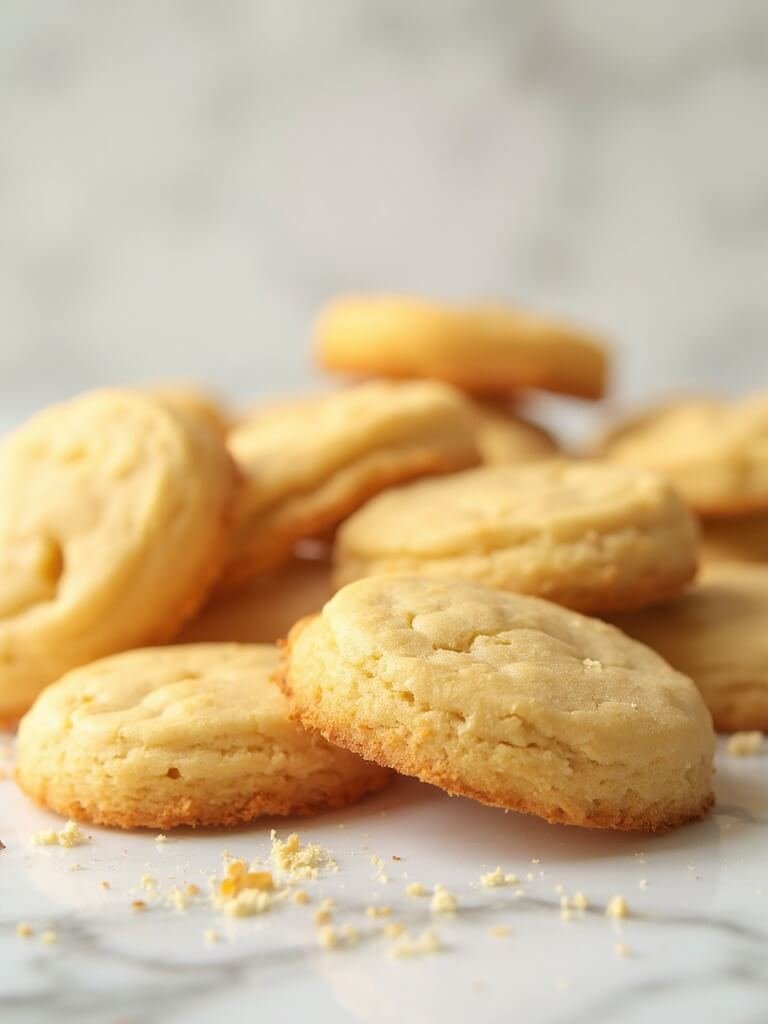 "Freshly baked keto sugar cookies with almond and coconut flour on a clean white marble background, subtly steaming and glowing under soft natural light."