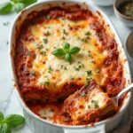 "Overhead view of golden brown low-carb beef lasagna with roasted eggplant layers, bubbling cheese, fresh basil, served in a white ceramic dish on a marble background with fresh ingredients and serving spatula."