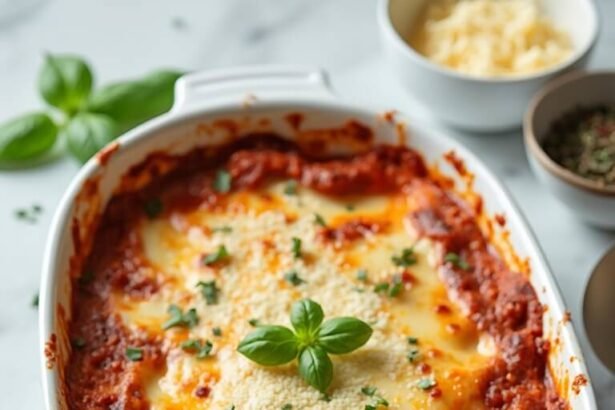 "Overhead view of golden brown low-carb beef lasagna with roasted eggplant layers, bubbling cheese, fresh basil, served in a white ceramic dish on a marble background with fresh ingredients and serving spatula."