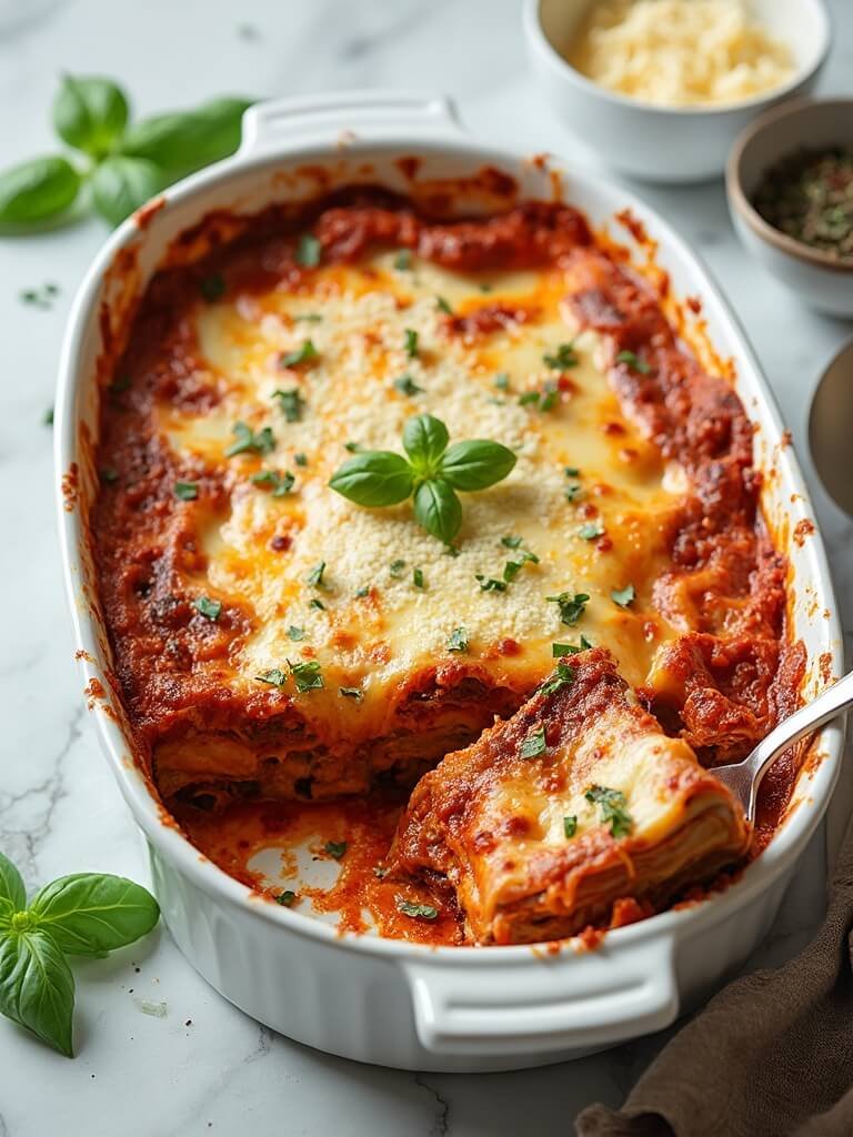 "Overhead view of golden brown low-carb beef lasagna with roasted eggplant layers, bubbling cheese, fresh basil, served in a white ceramic dish on a marble background with fresh ingredients and serving spatula."