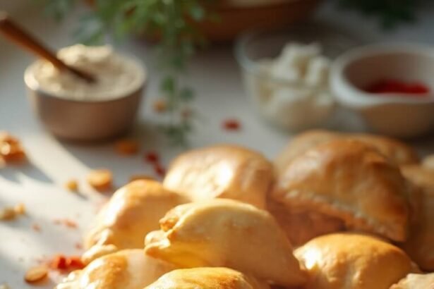 "Golden low-carb beef empanadas on a white marble surface with ingredients scattered around"