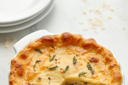 "Golden-brown low-carb chicken pot pie with almond flour crust on a clean marble surface"