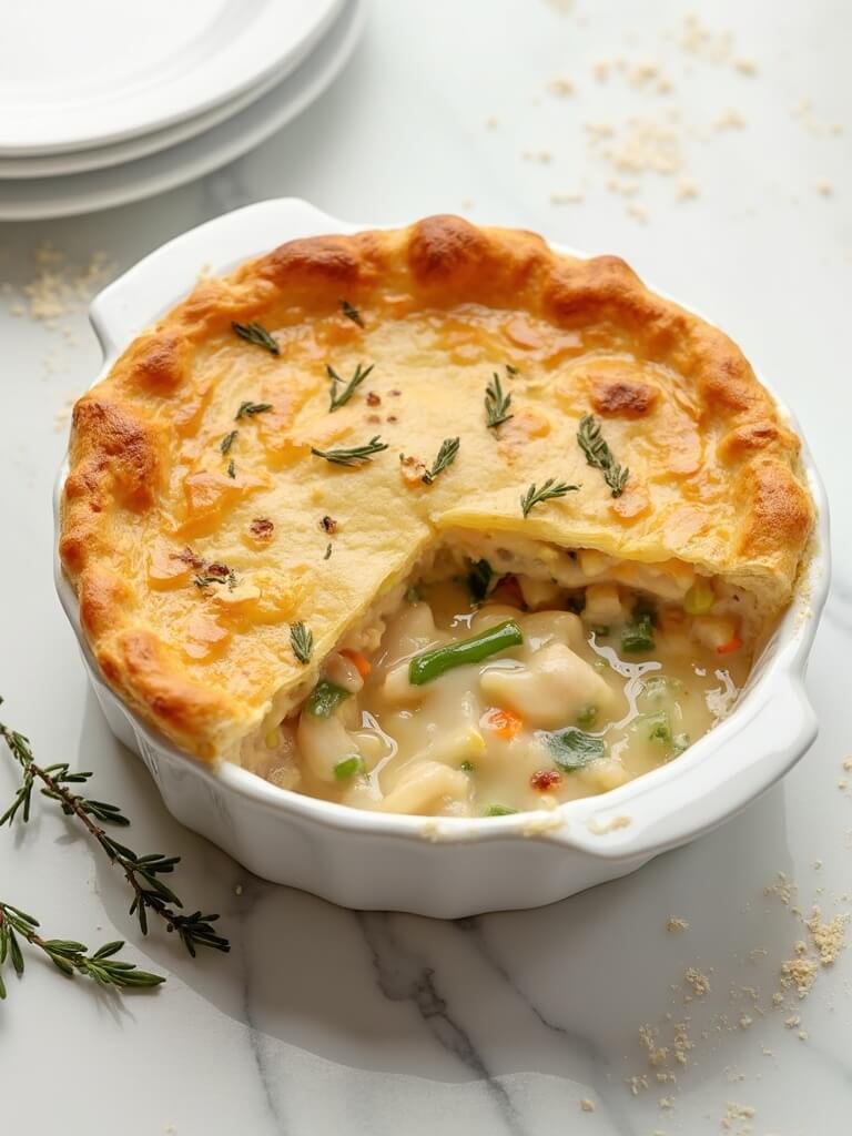 "Golden-brown low-carb chicken pot pie with almond flour crust on a clean marble surface"