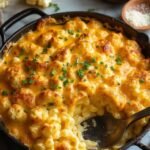 "Bubbling low-carb mac and cheese with cauliflower and shirataki noodles in a cast iron skillet on a marble countertop, surrounded by kitchen elements."