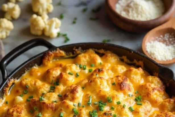"Bubbling low-carb mac and cheese with cauliflower and shirataki noodles in a cast iron skillet on a marble countertop, surrounded by kitchen elements."