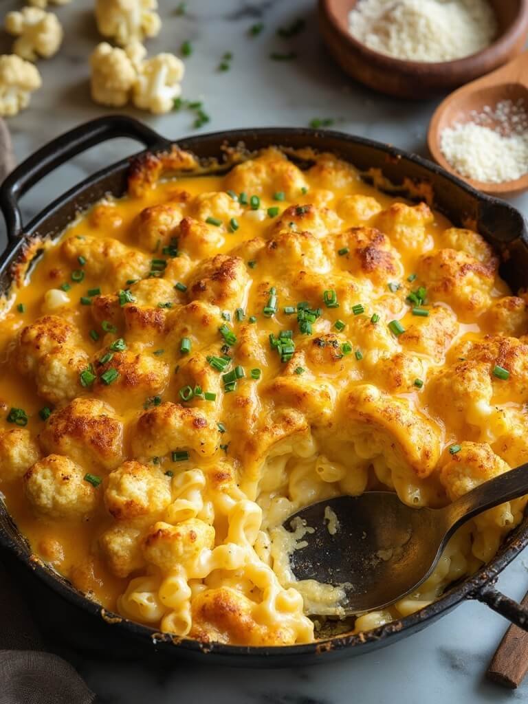"Bubbling low-carb mac and cheese with cauliflower and shirataki noodles in a cast iron skillet on a marble countertop, surrounded by kitchen elements."