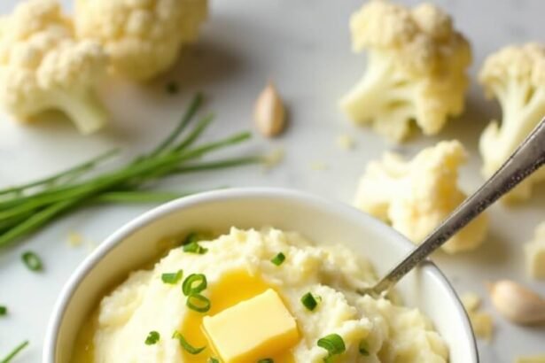 "Overhead shot of creamy mashed cauliflower garnished with chives and butter in a white ceramic bowl, surrounded by fresh ingredients on a marble countertop."