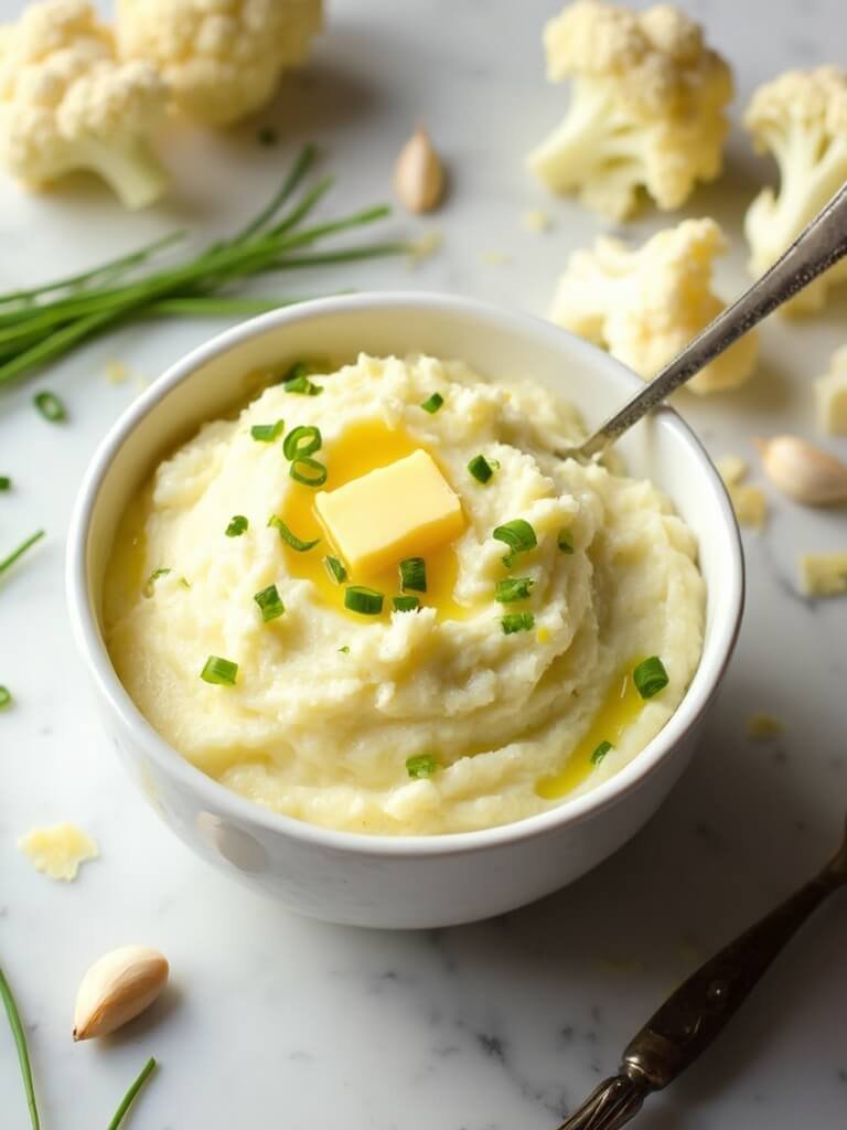 "Overhead shot of creamy mashed cauliflower garnished with chives and butter in a white ceramic bowl, surrounded by fresh ingredients on a marble countertop."