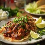 "Crispy Mexican pulled pork carnitas with cilantro and lime on a white ceramic platter, accompanied by butter lettuce cups, diced onions and jalapeño slices, on a warm kitchen backdrop."