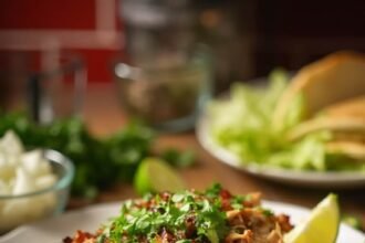 "Crispy Mexican pulled pork carnitas with cilantro and lime on a white ceramic platter, accompanied by butter lettuce cups, diced onions and jalapeño slices, on a warm kitchen backdrop."