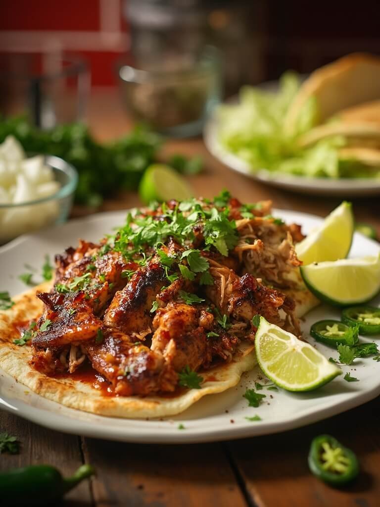 "Crispy Mexican pulled pork carnitas with cilantro and lime on a white ceramic platter, accompanied by butter lettuce cups, diced onions and jalapeño slices, on a warm kitchen backdrop."