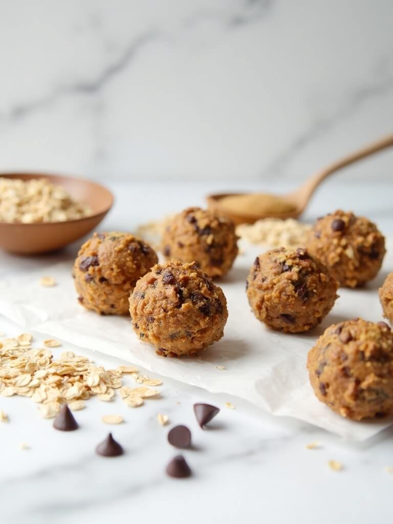 "No-bake protein energy balls with oats, peanut butter, and chocolate chips on a marble surface"