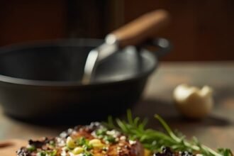 "Perfectly seared ribeye steaks with garlic butter and fresh herbs on a wooden cutting board, with a meat thermometer indicating medium-rare temperature"