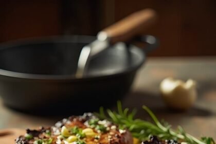 "Perfectly seared ribeye steaks with garlic butter and fresh herbs on a wooden cutting board, with a meat thermometer indicating medium-rare temperature"