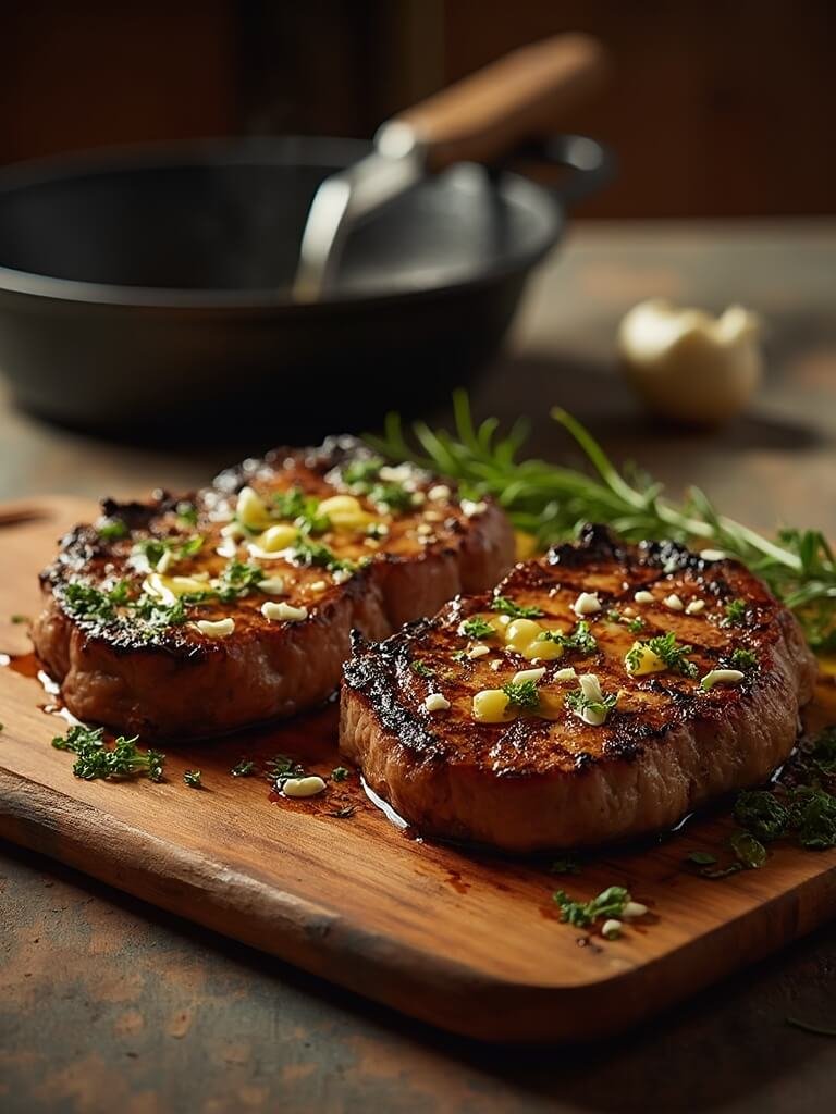 "Perfectly seared ribeye steaks with garlic butter and fresh herbs on a wooden cutting board, with a meat thermometer indicating medium-rare temperature"