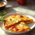 "Overhead shot of fluffy folded pizza omelette with melted mozzarella cheese, pizza sauce, and oregano on a white plate."